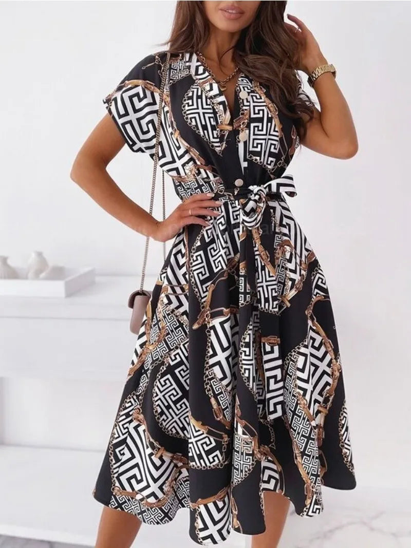 Women Loose Fitting Printed Shirt Dress With Belt Lapel