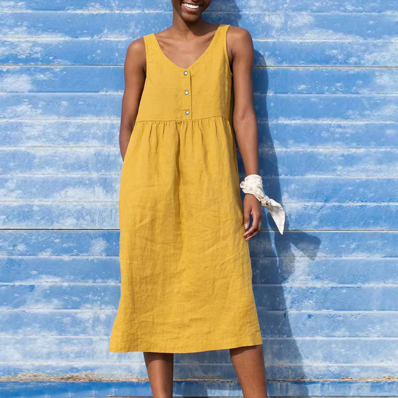 Boho Cotton Linen Sleeveless Dress For Women Summer Holiday