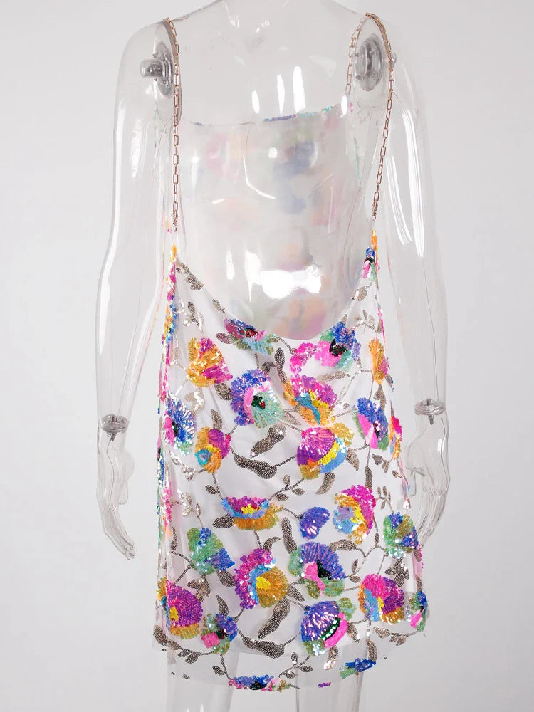 Floral Sequined Backless Mini Dress For Night Out Clubbing