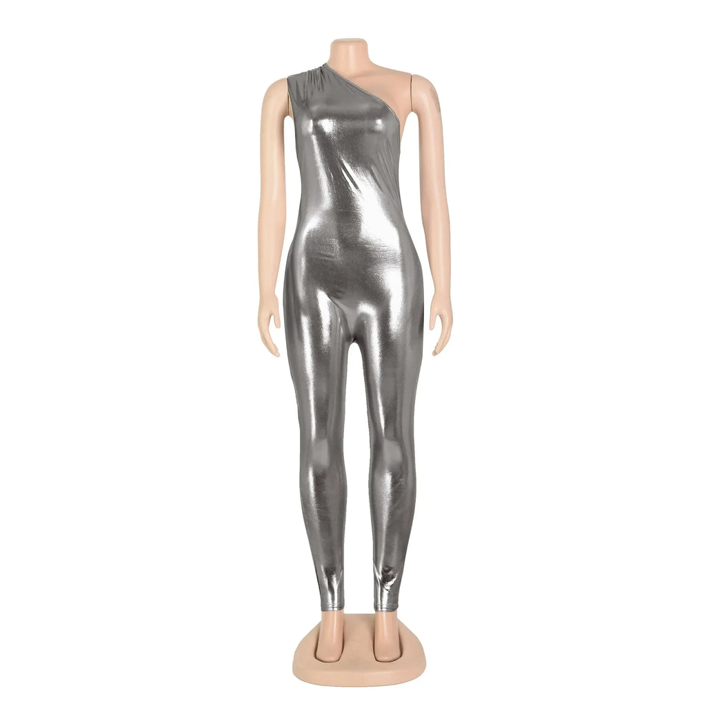 Elegant Shiny Metallic One Shoulder Sleeveless Jumpsuit Romper for Women Party Night Club Outfit