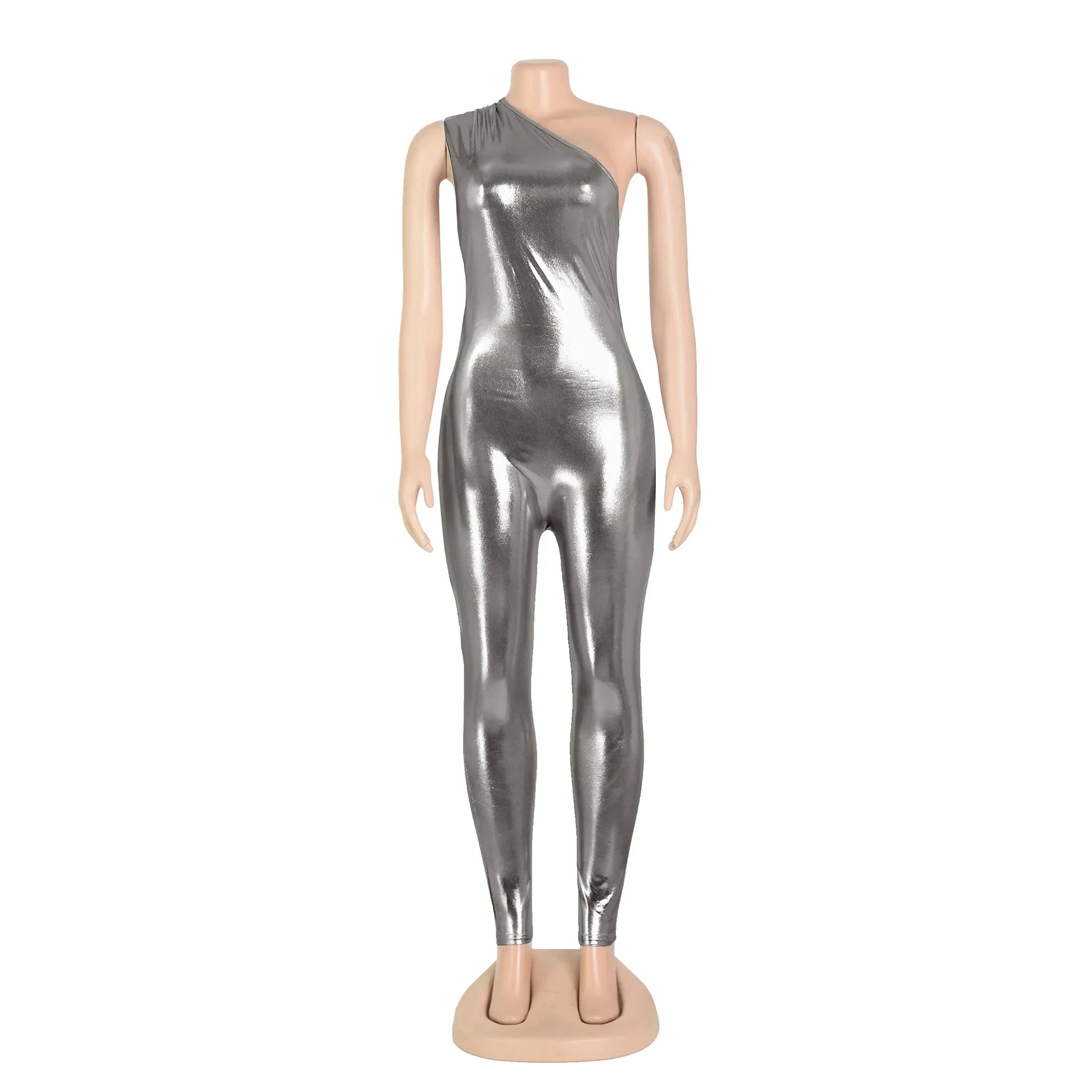 Elegant Shiny Metallic One Shoulder Sleeveless Jumpsuit Romper for Women Party Night Club Outfit