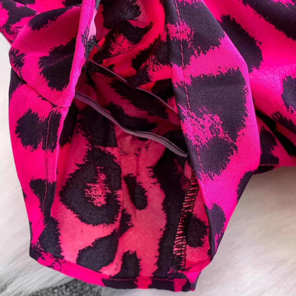 Women's Summer V-Neck Leopard Print Lace-Up Jumpsuit Short Sleeve Loose Fit Playsuit Overalls with Elegant Ruffle Detail