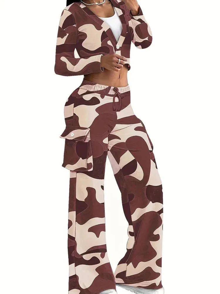 Camo Print Cargo Pants Set with Sexy Crop Top and High Waist Wide Leg Trousers for Women