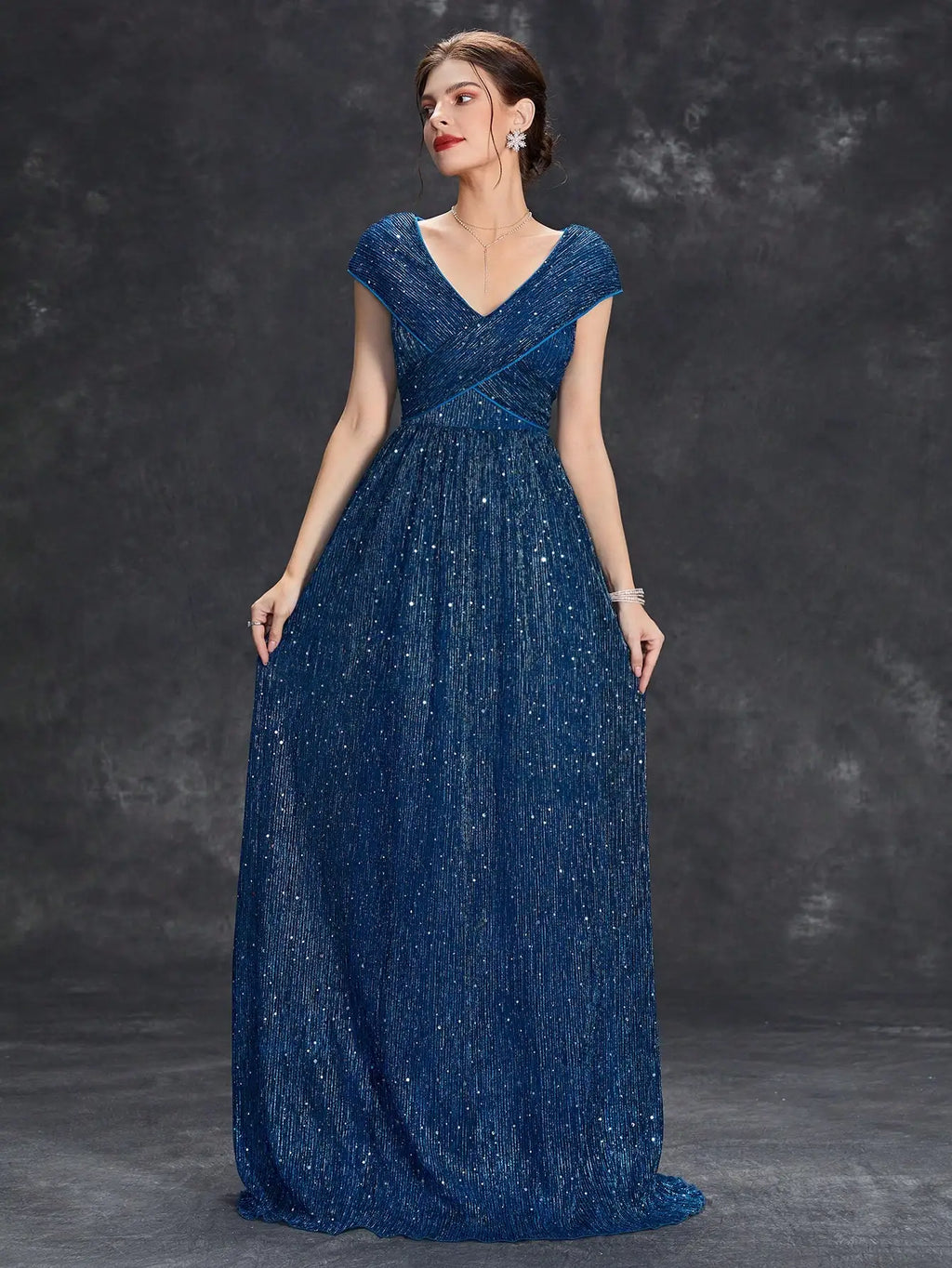 V-Neck Evening Gown with Mesh Details A-Line Full Skirt