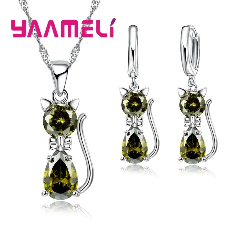 925 Sterling Silver Cat Pendant Necklace and Huggie Earring Jewelry Set with Shining Austrian Crystal for Women and Girls
