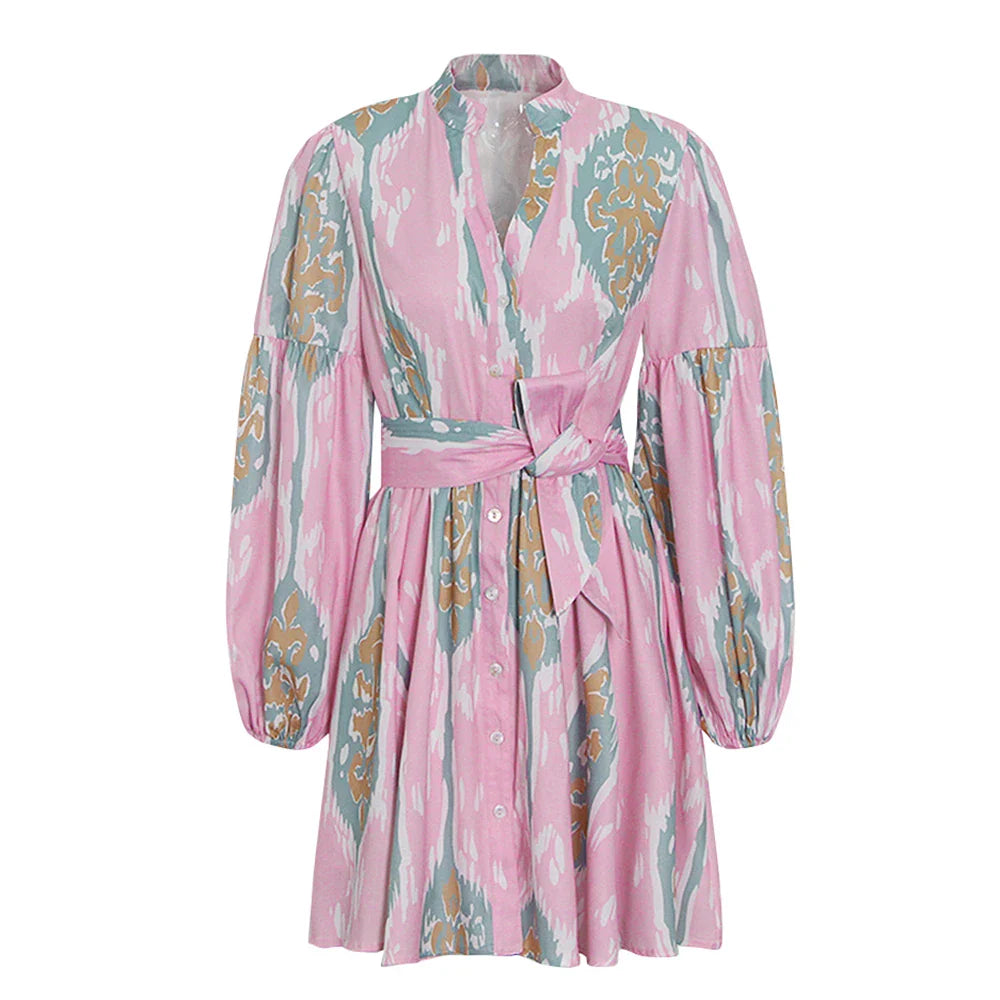 Printed Lantern Sleeve Dress For Women Summer Lightweight