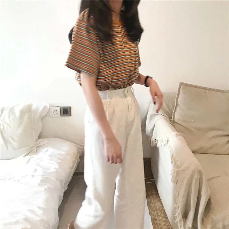 Korean Loose Striped T-shirts for Women Short Sleeves Round Neck Casual Top