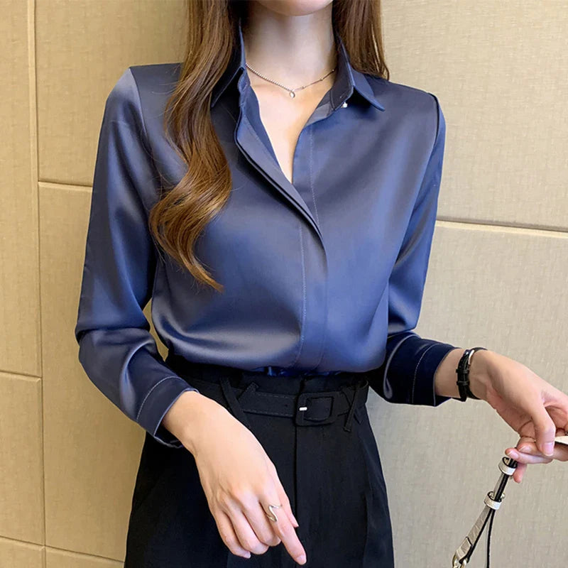 Elegant Satin Women Blouse Long Sleeve Shirt Autumn Fashion Tops for Ladies Office and Casual Wear