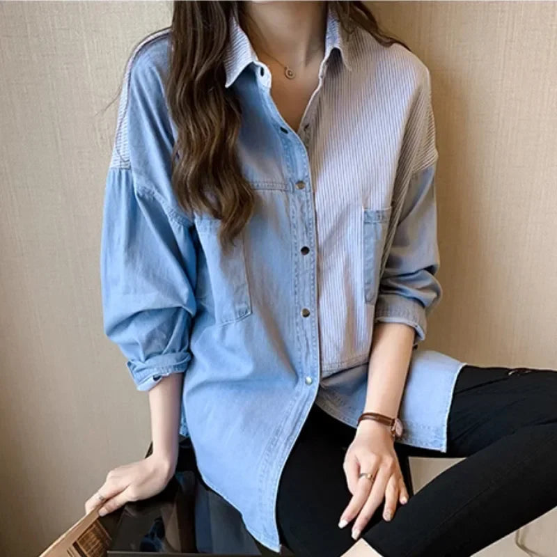 Loose Fit Women's Denim Shirt Long Sleeve Cotton Casual Button-Up Korean Style Autumn Winter Camisa Jeans Shirt