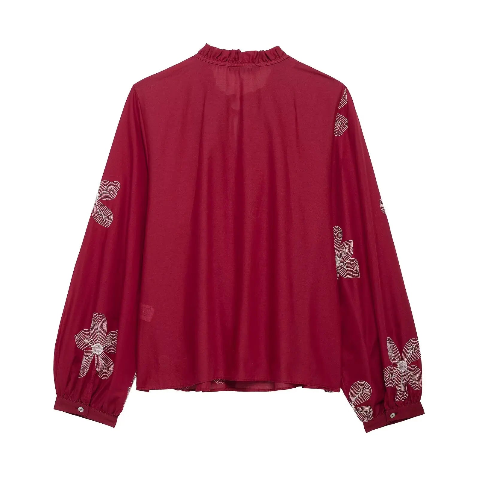 Women's Ruffled Collar Long Sleeve Blouse with Delicate Flower Embroidery Casual Chic Shirt Top