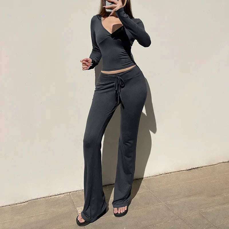 Casual V Neck Long Sleeve Top and Slim Drawstring Full Length Pants Women's Chic Low Waist Two Piece Outfit Set