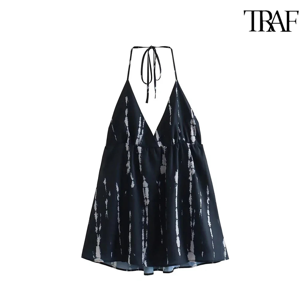 Backless Tie Dye Halter Mini Dress Deep V Neck Beach Party