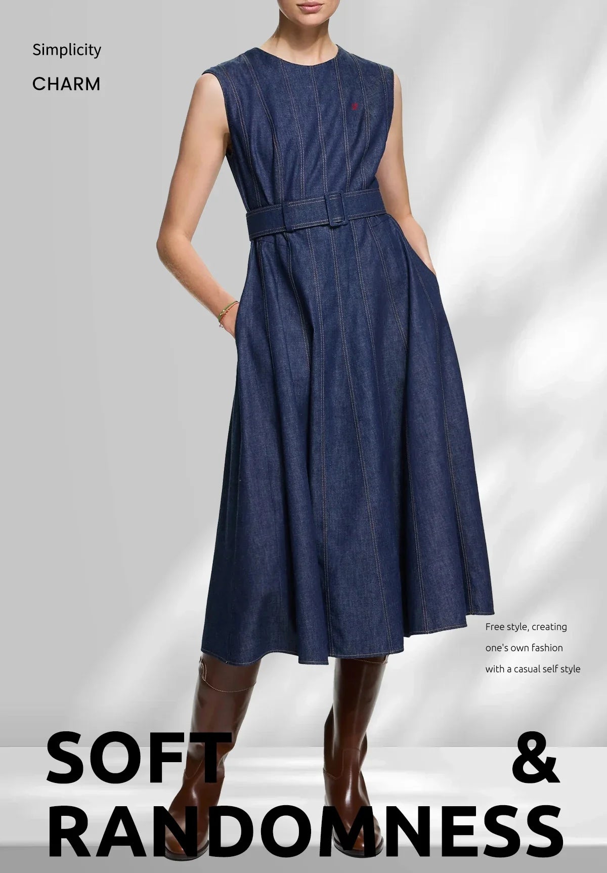 Denim Maxi Dress For Women Sleeveless High Waist O Neck