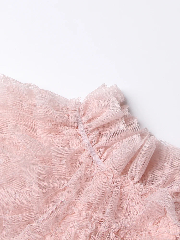 Patchwork Mesh Dress For Women High Waist Ruffled Casual