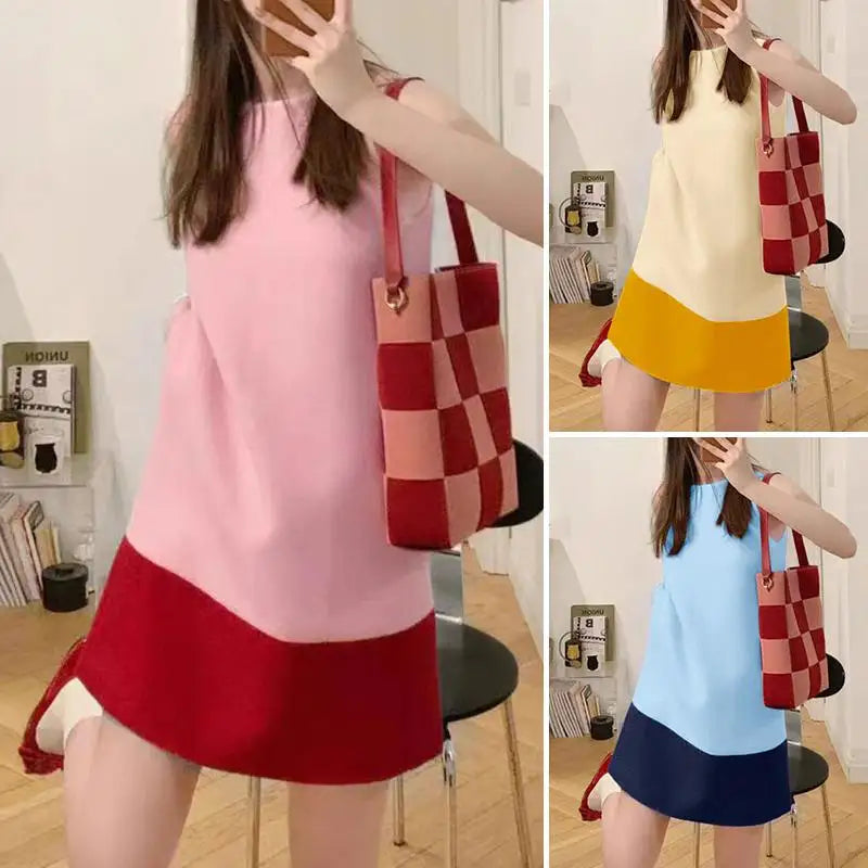 Korean Style Patchwork Sundress Sleeveless Round Neck Mini