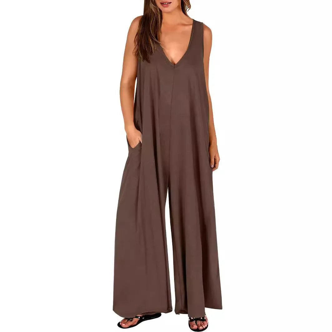 Summer Casual Women's Lightweight Pocket Jumpsuit Breathable Thin Fabric Romper for Daily Wear