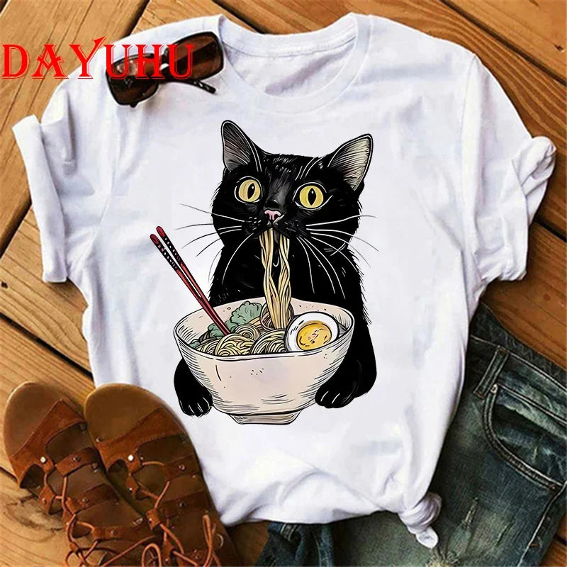 Women Cat Noodle Ramen T-Shirt for Foodie Lovers Casual Short Sleeve Tee