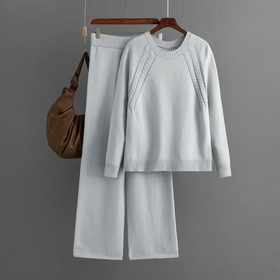 Casual Knitted Two Piece Set for Women Featuring Loose Sweater and Wide Leg Pants