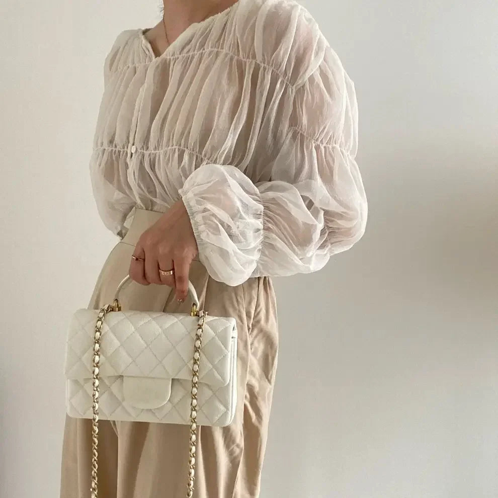 Loose Fit Chiffon Blouse for Women Pleated Sheer Long Sleeve Casual Summer Top with Elegant Folded Design
