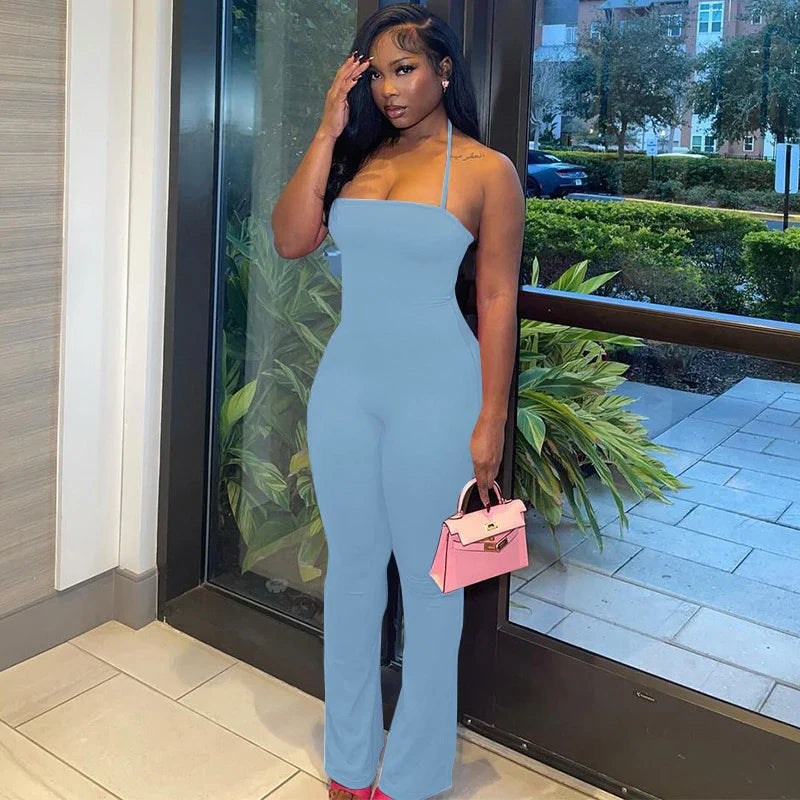 Sleeveless Halter Backless Bodycon Jumpsuit with Flare Pants Casual Rompers for Women Streetwear Festival Outfit
