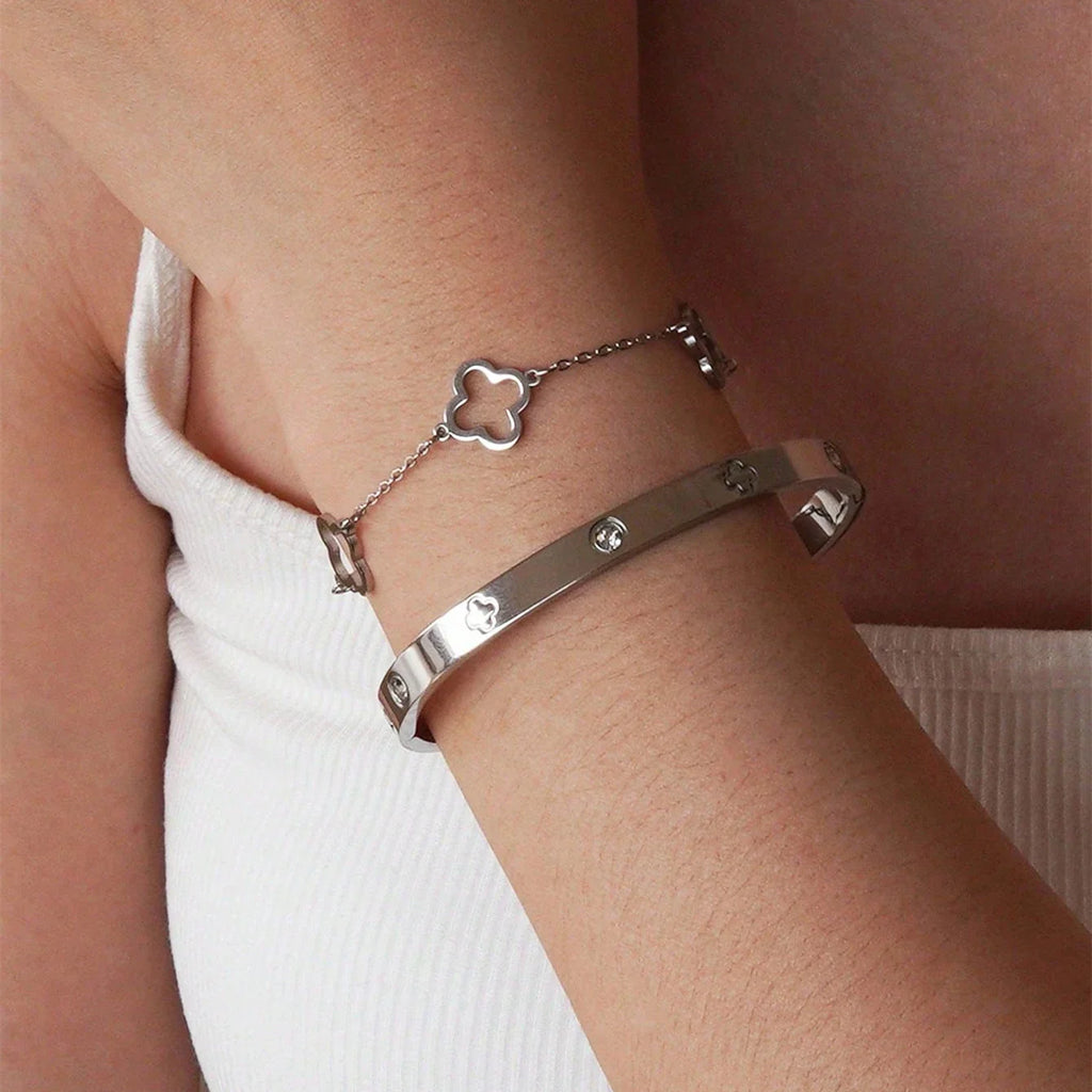 3PCS Lucky Clover Women's Bracelet Set High Quality Stainless Steel Charm Jewelry Gift