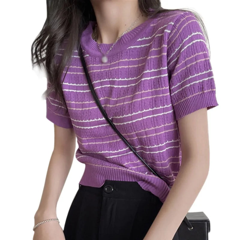 Summer Striped Women's Knitted Crop Top Casual O-Neck Short Sleeve T-Shirt Preppy Style Tees