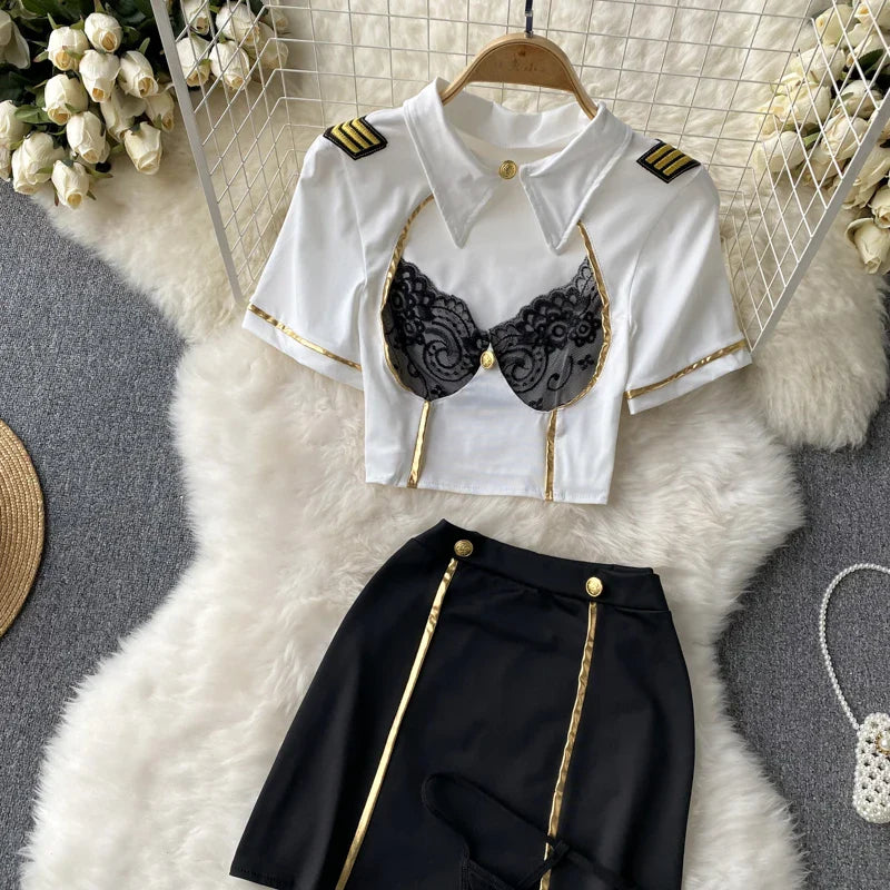 Women Sexy Lace Patchwork Hollow Skirt Suit Set with Turn-Down Collar Top Mini Skirt and Underpants 3-Piece Erotic Pajamas for Cosplay