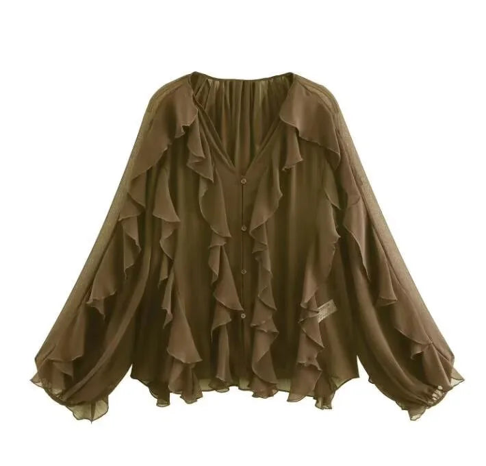 Elegant Women's V-Neck Layered Decorative Shirt with Chic Temperament Design