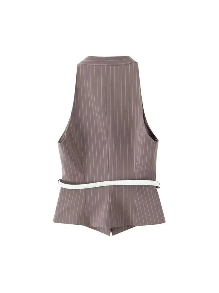 Women's Fashion Striped Two-Piece Set with Belted Waistcoat Top and Low Waist Pocketed Pants