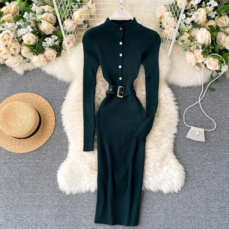 Womens Winter Knitted Dress Stand Collar With Sash Belt