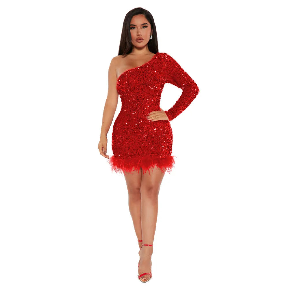 Elegant Off Shoulder Sequin Party Dress Long Sleeve