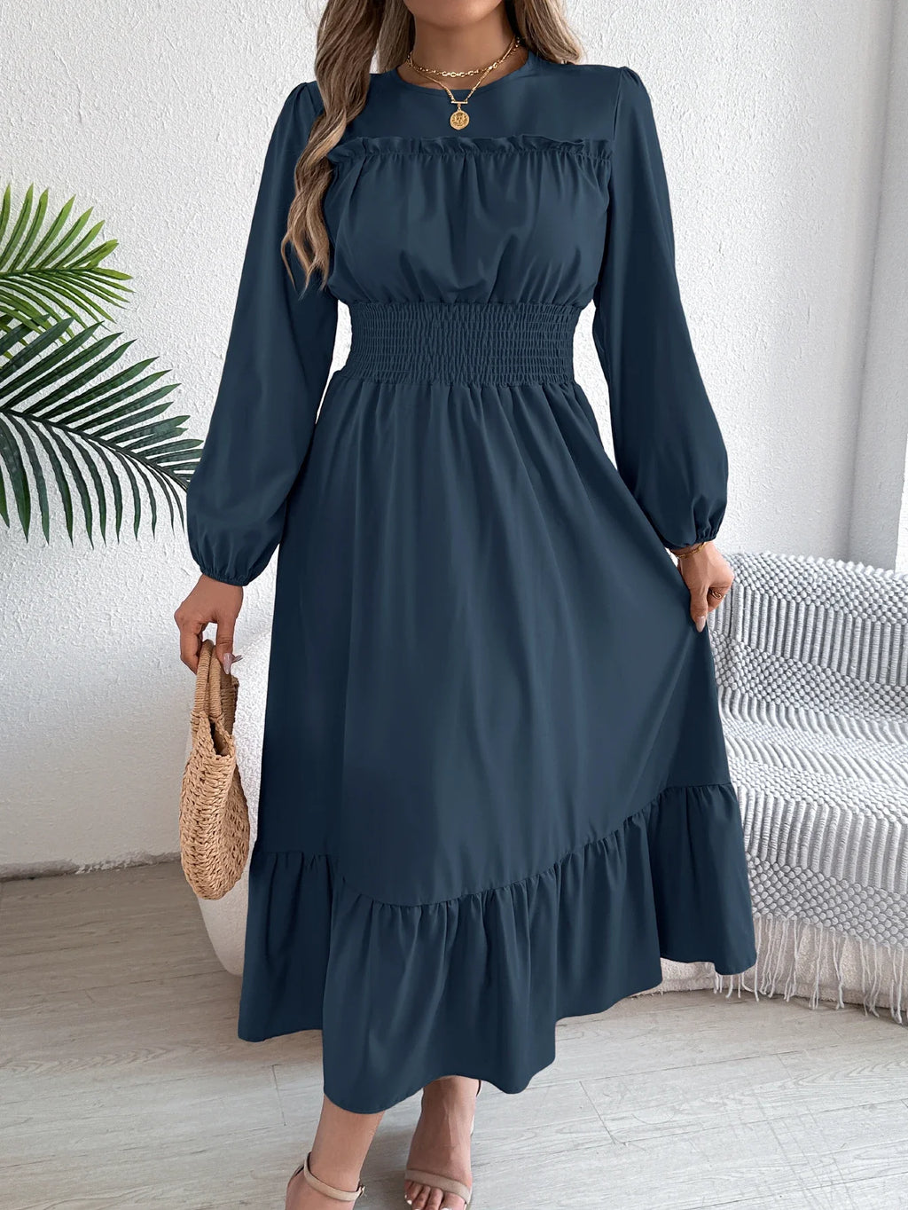 Elegant Long Sleeve Dress With Cinched Waist Solid Color