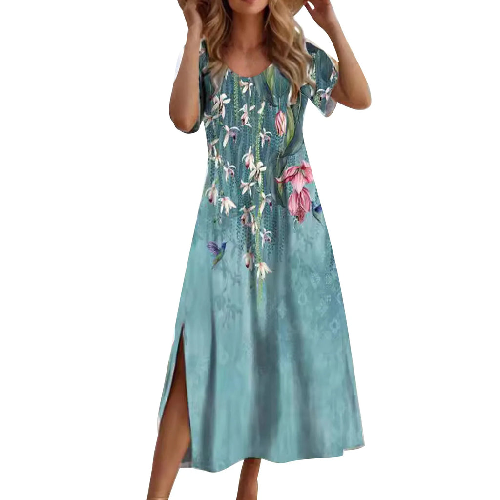 Women Allover Print Dress With Round Neck Short Sleeves