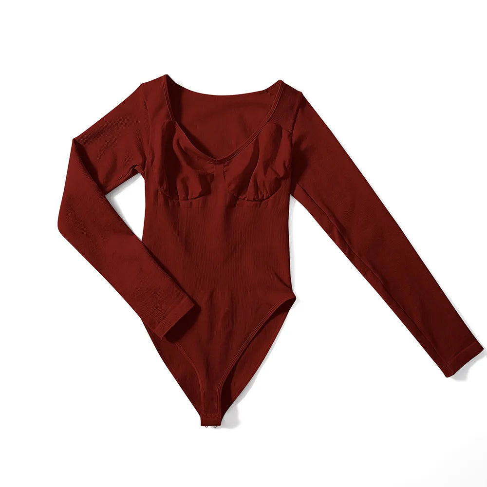 Sexy Long Sleeve Bodysuit for Women Skinny Bodycon V-Neck Push Up Romper Streetwear Jumpsuit