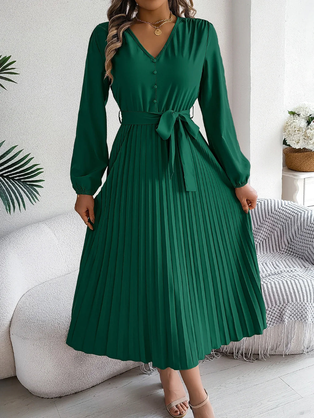Elegant Autumn V Neck Belted Pleated Long Sleeve Dress