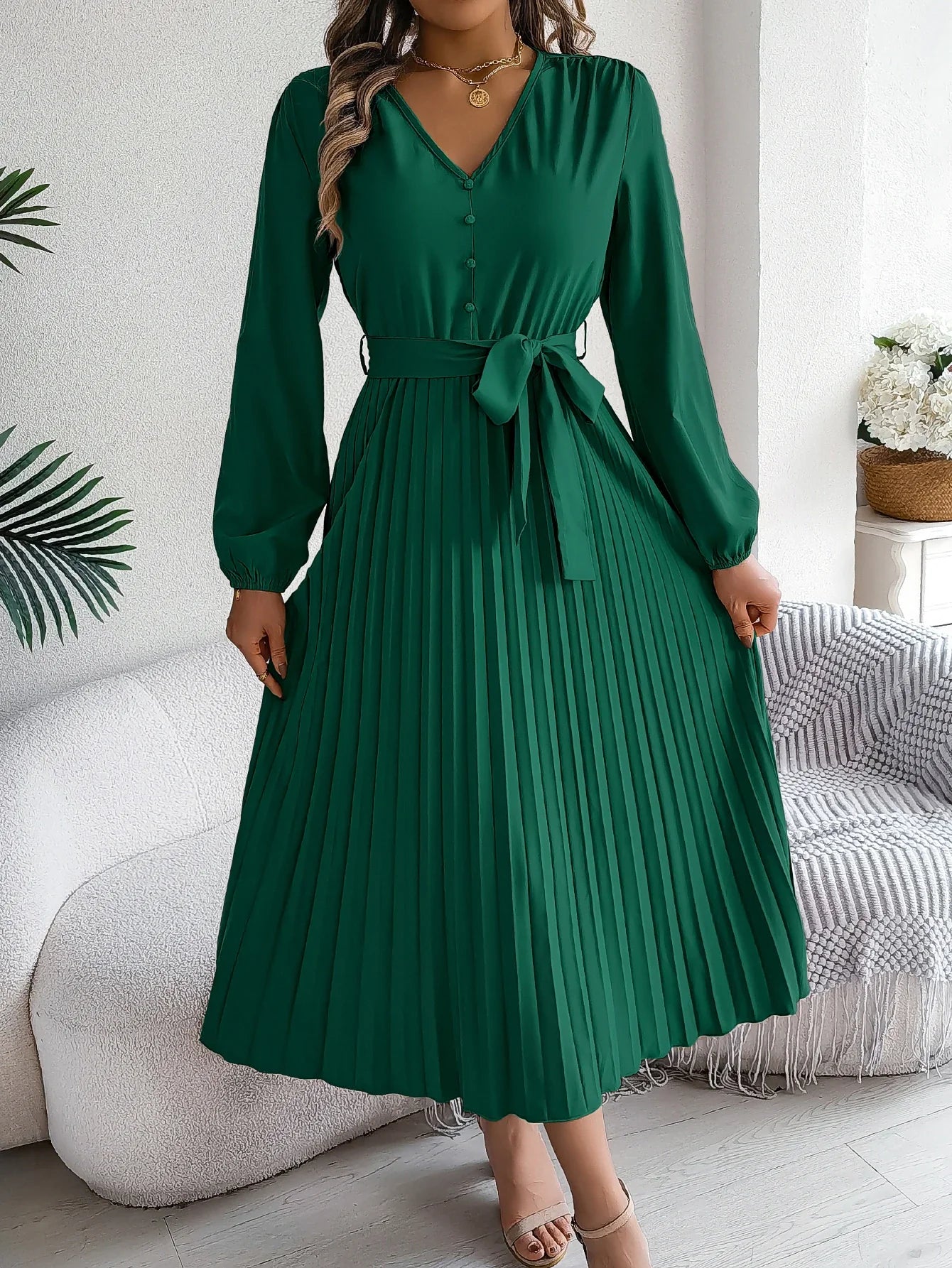 Elegant Autumn V Neck Belted Pleated Long Sleeve Dress