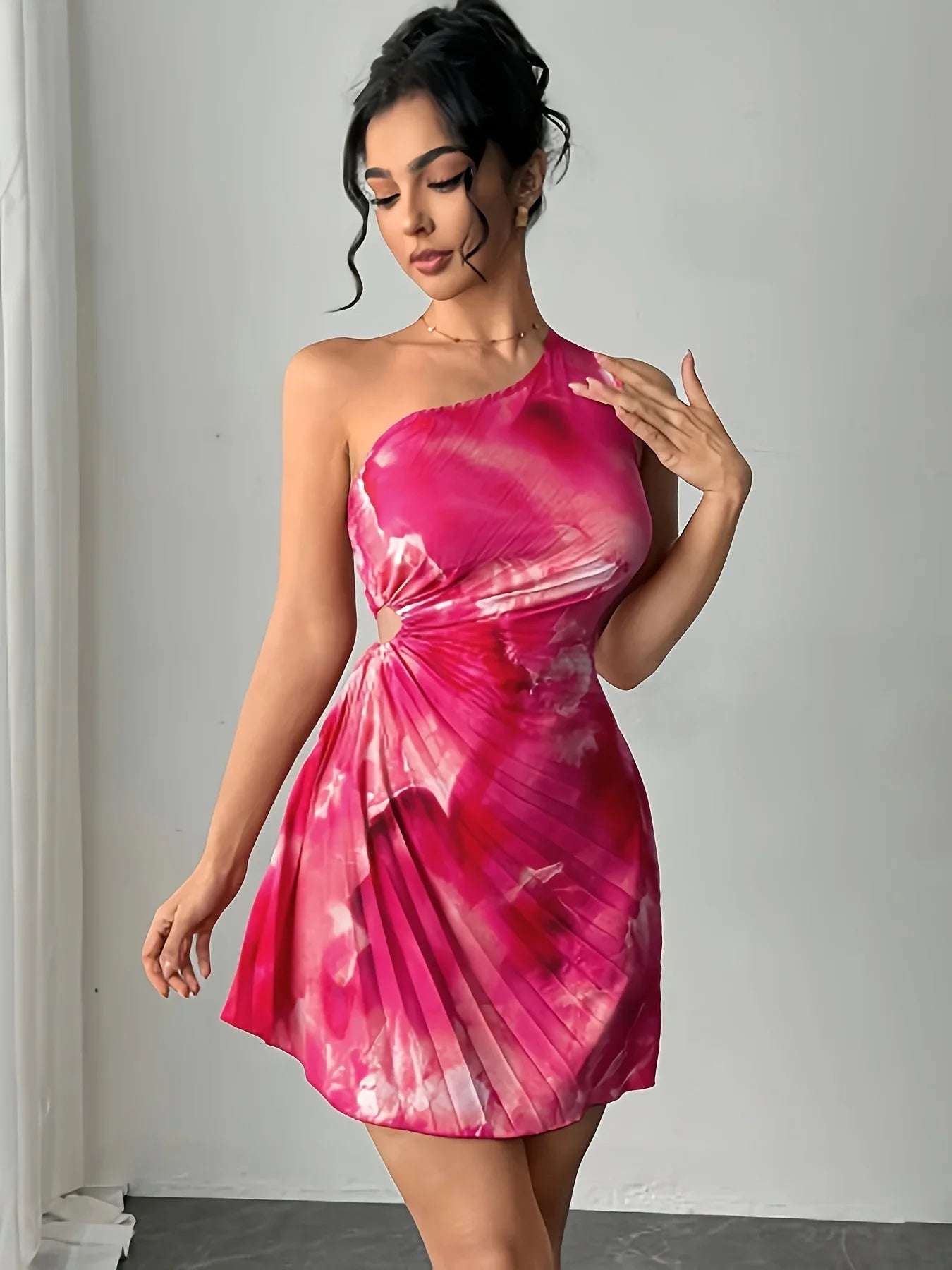 Summer Dress Ink Print Cutout Waist Pleated Slanted Shoulder