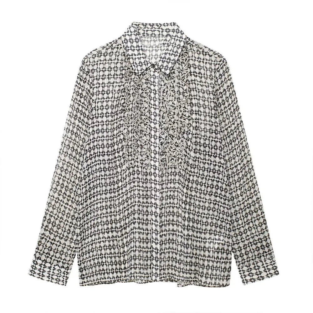 Women's Versatile Long Sleeve Printed Shirt with Decorative Chest Stacking and Casual Collar for Autumn Fashion and Leisure Wear