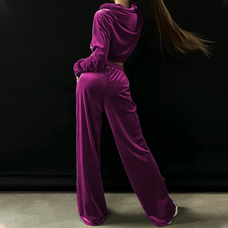 Velvet Tracksuit Women Two Piece Set with Zipper Crop Coat and Long Pants Casual Outfit