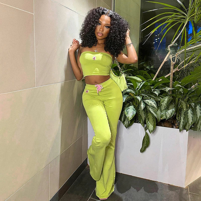 Embroidered Flower Tube Top and High Waist Casual Drawstring Pant Two-Piece Set