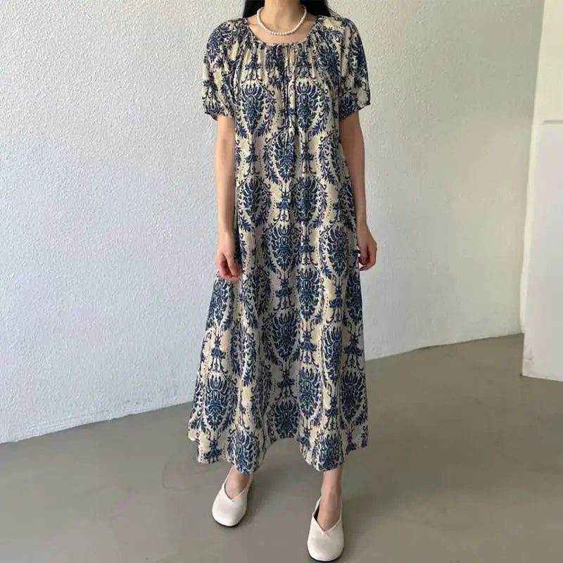 Women Loose Casual Maxi Dress With Lace Up O Neck Printed
