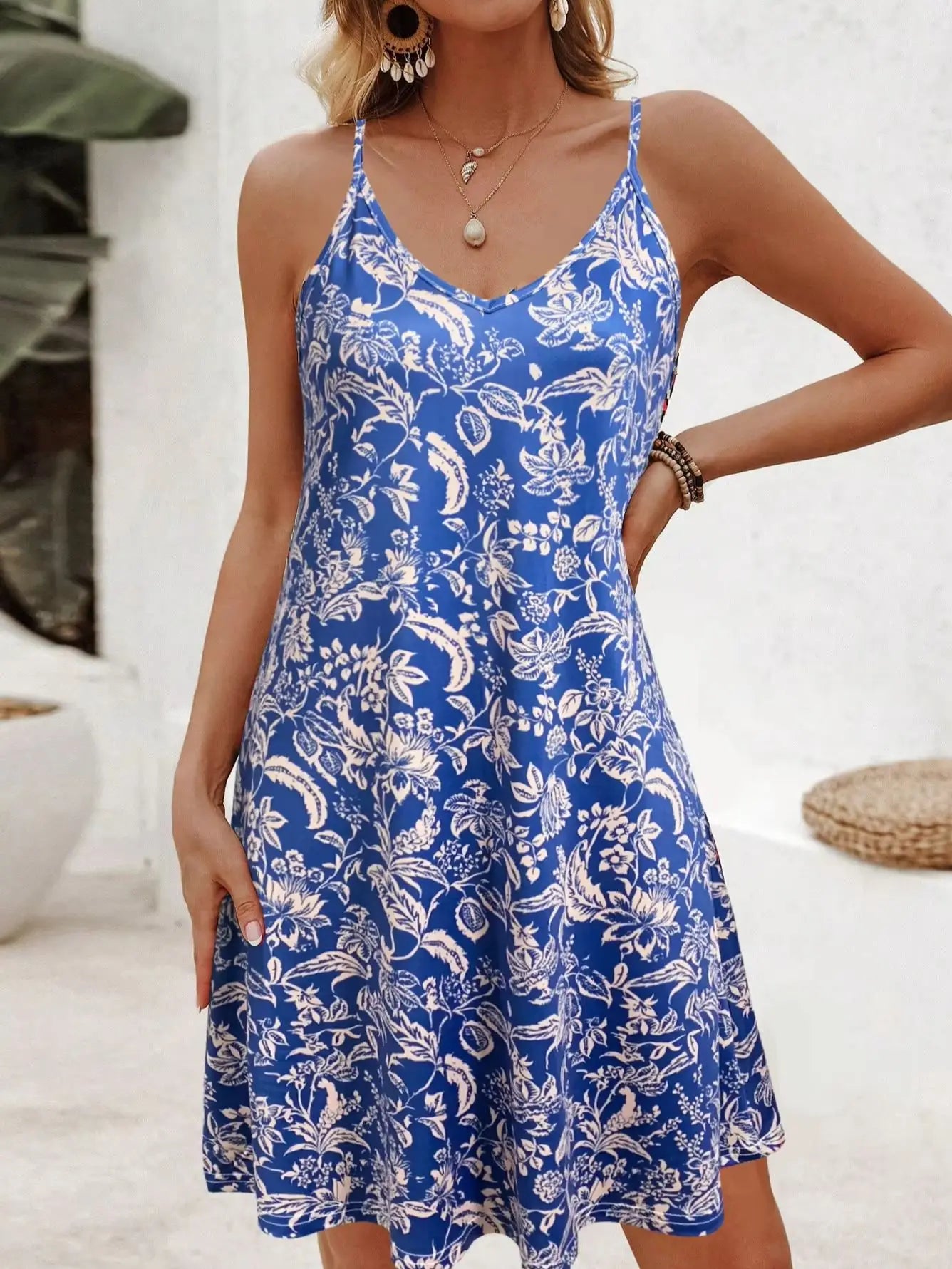 Plant Print Spaghetti Strap Summer Vacation Dress Chic