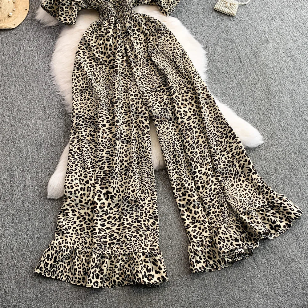 Women's Summer V-Neck Leopard Print Lace-Up Jumpsuit Short Sleeve Loose Fit Playsuit Overalls with Elegant Ruffle Detail