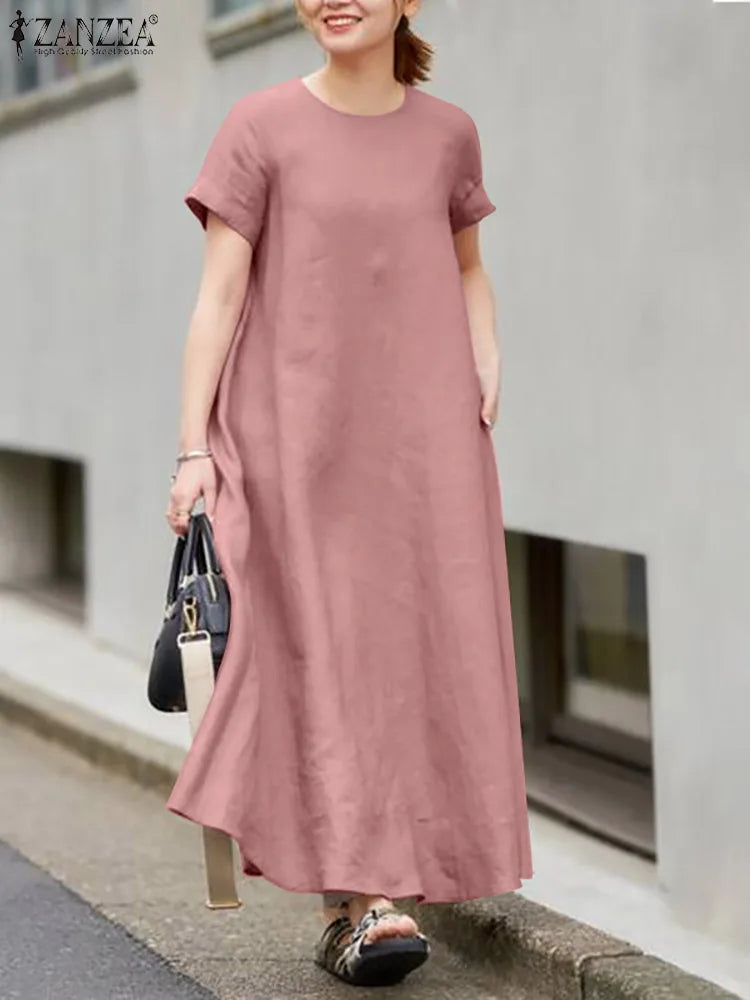 Summer Maxi Dress Women O Neck Short Sleeve Sundress A Line