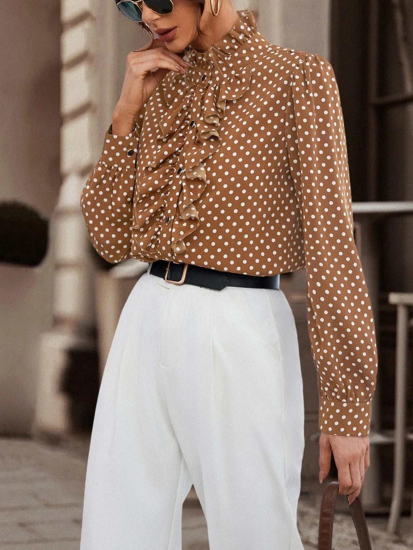 Long Sleeve Polka Dot Button Shirt for Women with Ruffle Detail Elegant Office Blouse Casual Fashion Top