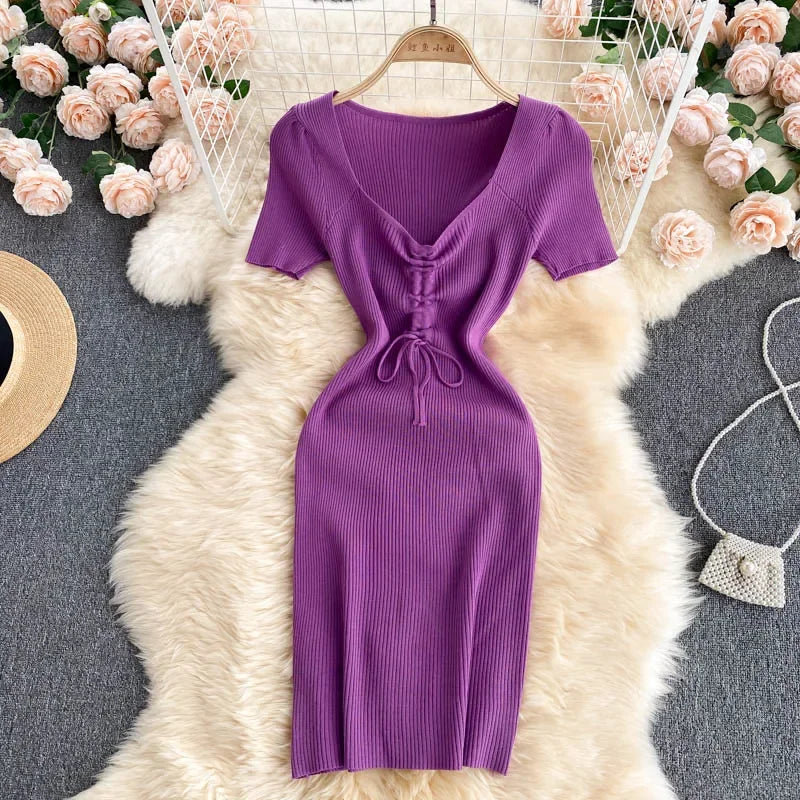 Korean Knit Bodycon Dress V Neck Drawstring Short Sleeves