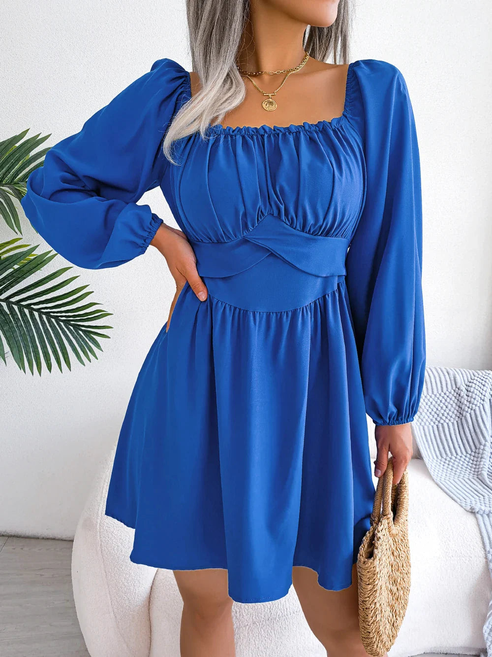 Square Neck Long Sleeve Pleated Mini Dress High Waist