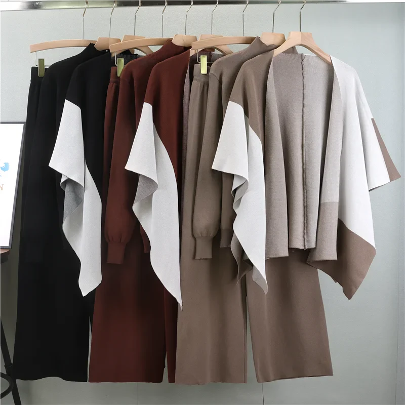 Elegant Knitted Three-Piece Suit for Women Autumn Winter Cozy Knit Top Wide Leg Pants and Shawl Set Casual Layered Outfit