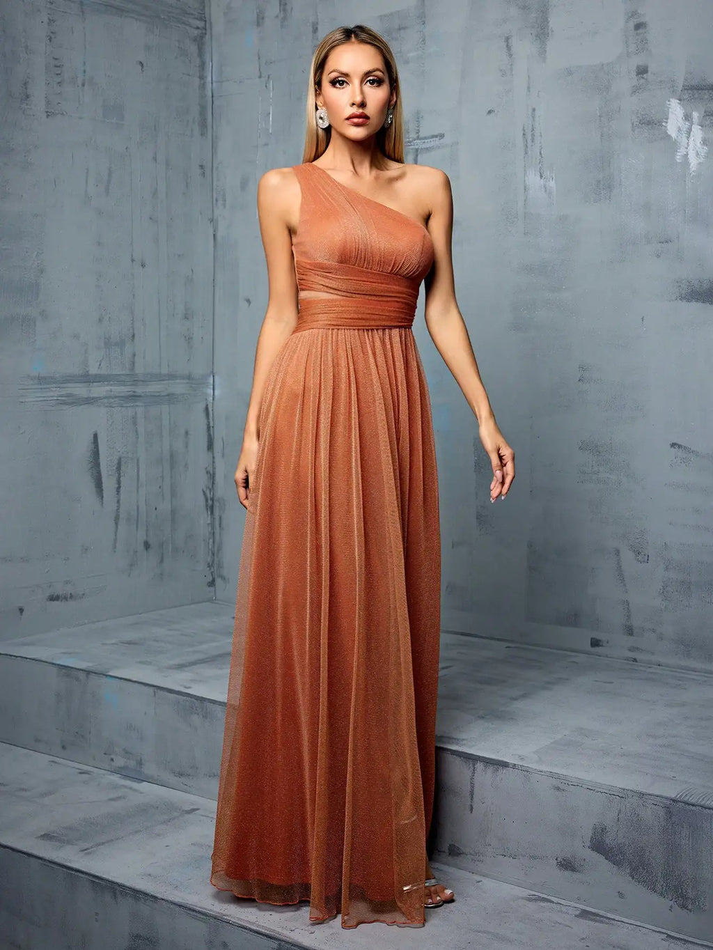 One Shoulder Asymmetrical Evening Gown With Pleats And Slit