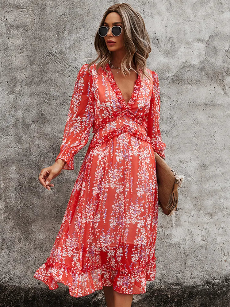 Floral Chiffon Maxi Dress With V Neck And Butterfly Sleeves